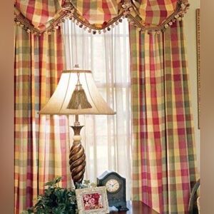 Lot of 3 COUNTRY CURTAINS Moire Plaid Rose Gathered Tassel Valance 81X22